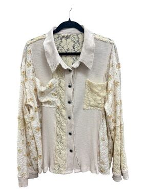 POL Cream Lace-Panel Button Down Top with Floral Sleeves